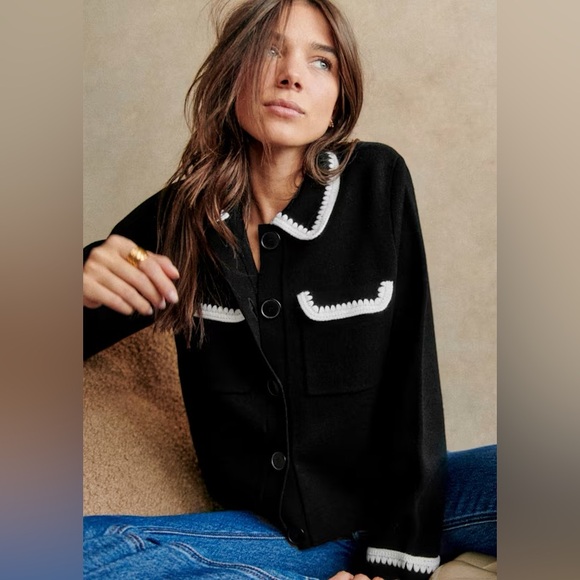 Sezane Sweaters - Sezane Betty Cardigan Black with White Trim